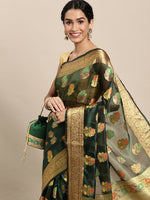 Thumbnail for Mitera Green Floral Zari Organza Kanjeevaram Saree - Distacart