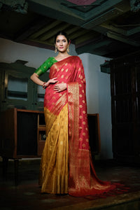 Thumbnail for Vardha Mustard Yellow-Rosewood Red Golden Zari Banarasi Raw Silk Saree