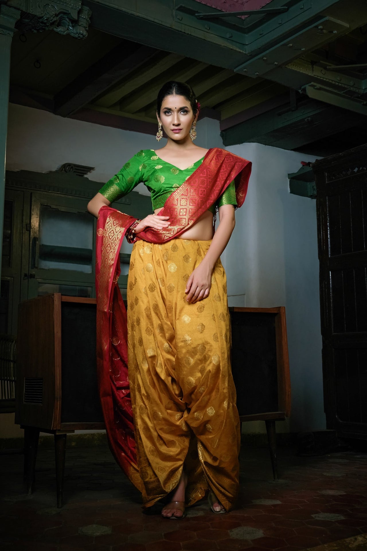 Vardha Mustard Yellow-Rosewood Red Golden Zari Banarasi Raw Silk Saree