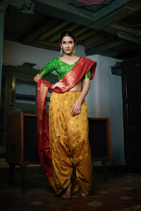 Thumbnail for Vardha Mustard Yellow-Rosewood Red Golden Zari Banarasi Raw Silk Saree