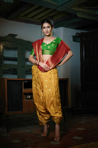 Thumbnail for Vardha Mustard Yellow-Rosewood Red Golden Zari Banarasi Raw Silk Saree