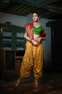 Thumbnail for Vardha Mustard Yellow-Rosewood Red Golden Zari Banarasi Raw Silk Saree