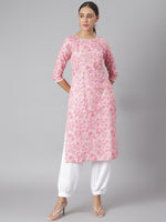 Thumbnail for Khushal K Women Pink Floral Printed Cotton Kurta - Distacart