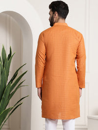 Thumbnail for Sojanya Men Orange Dobby Self-Checked Straight Kurta - Distacart