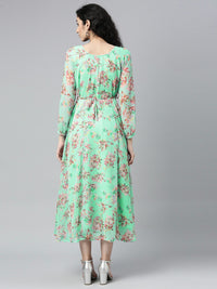 Thumbnail for Souchii Sea Green Floral Chiffon Maxi Dress - Distacart