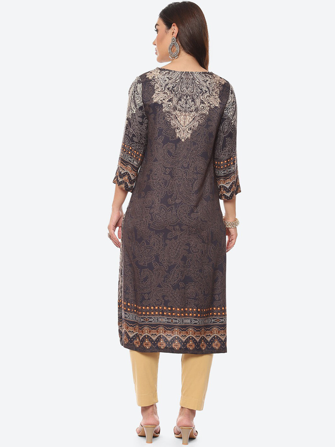 Biba Women Grey & Beige Ethnic Motifs Printed Straight Fit Kurta - Distacart