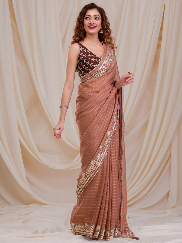 Koskii Striped Embroidered Saree - Distacart