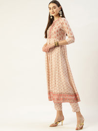 Thumbnail for HERE&NOW Women Cream-Coloured Floral Embroidered Kurta with Trousers - Distacart