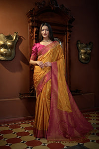 Thumbnail for Vardha Sunset Yellow Golden Zari Banarasi Satin Silk Saree