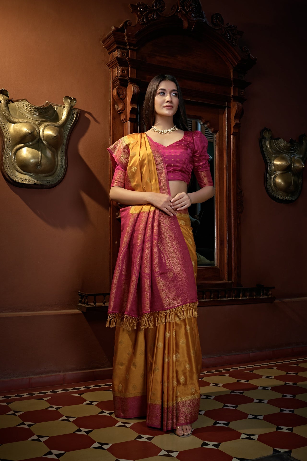 Vardha Sunset Yellow Golden Zari Banarasi Satin Silk Saree