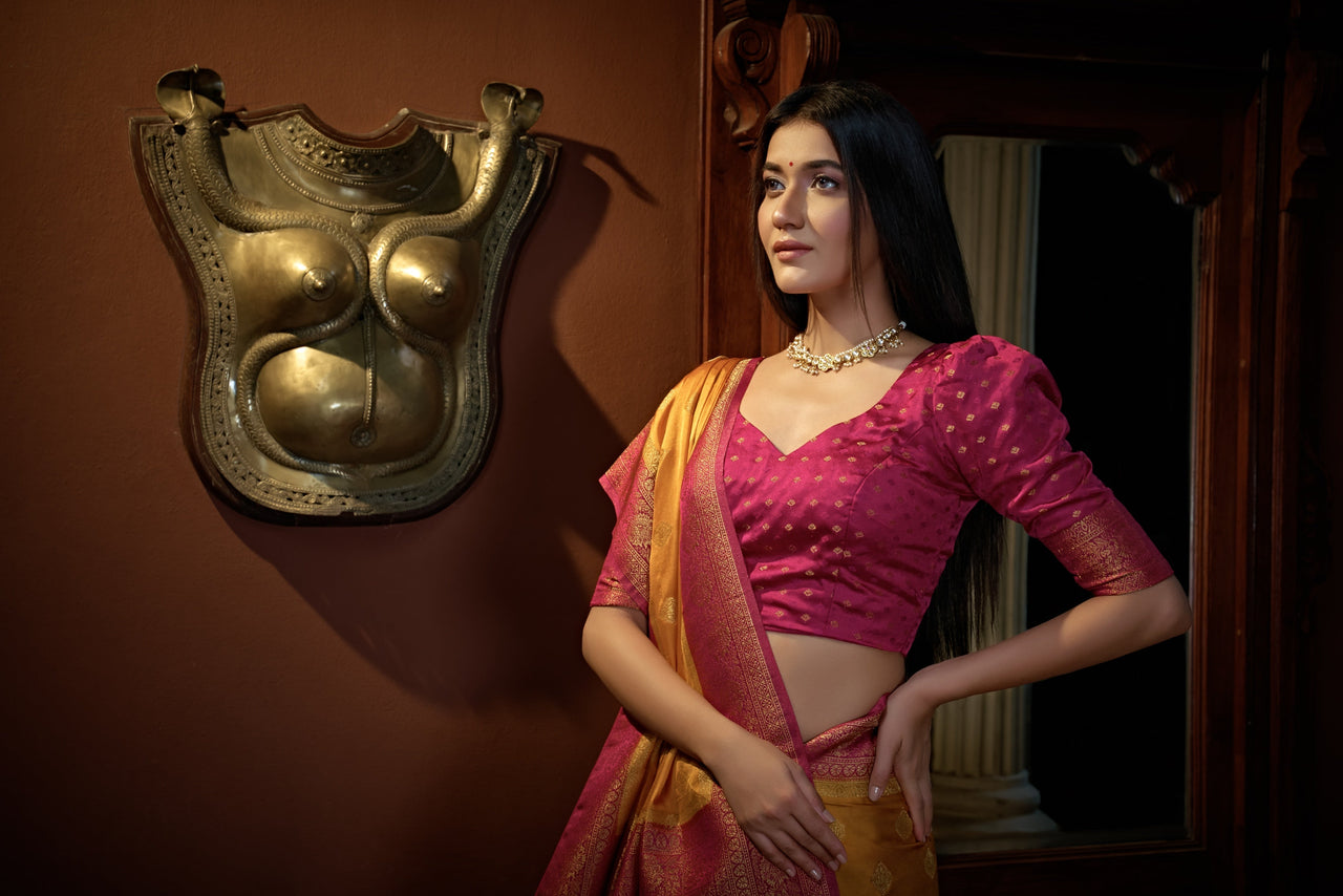 Vardha Sunset Yellow Golden Zari Banarasi Satin Silk Saree