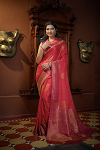 Thumbnail for Vardha Myrtle Pink Golden Zari Banarasi Satin Silk Saree