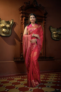 Thumbnail for Vardha Myrtle Pink Golden Zari Banarasi Satin Silk Saree