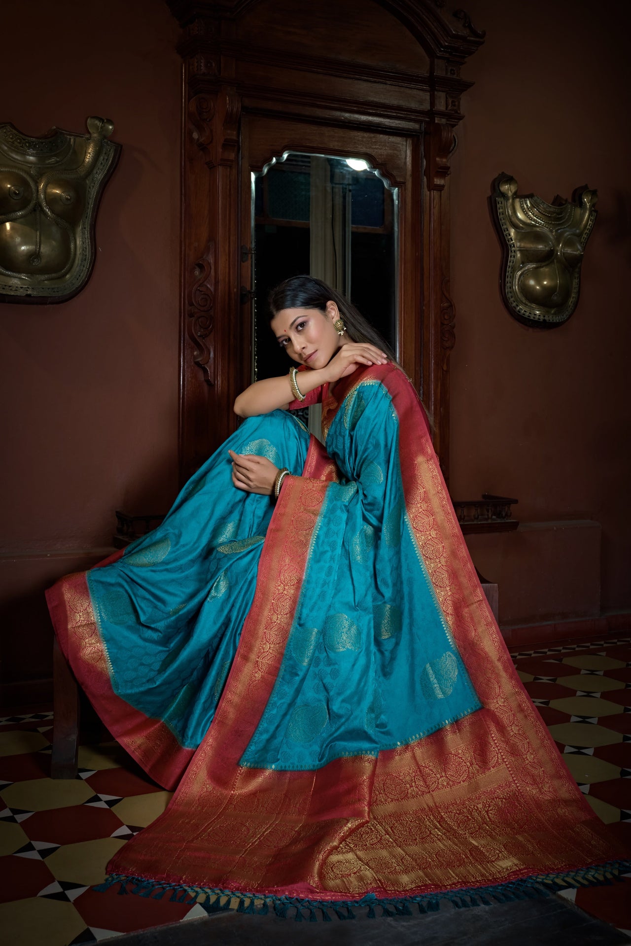 Vardha Crimson Red Golden Zari Banarasi Satin Silk Saree