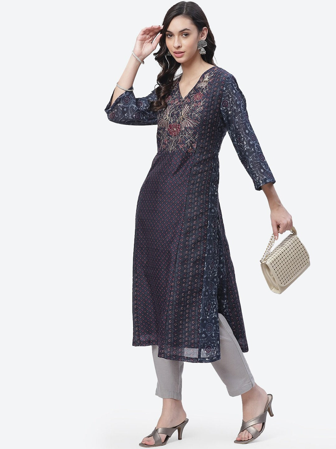 Biba Women Navy Blue Ethnic Motifs Printed Indigo Kurta - Distacart