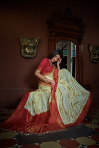Thumbnail for Vardha Parchment White Golden Zari Banarasi Satin Silk Saree