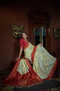 Thumbnail for Vardha Parchment White Golden Zari Banarasi Satin Silk Saree