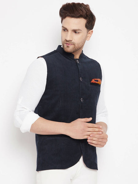 Even Apparels Navy Polyester Men's Nehru Jacket-Contrast Lining-Inbuilt Pocket Square - Distacart