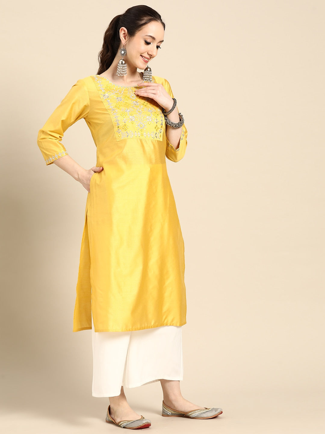 Sangria Women Ethnic Motifs Embroidered Mirror Work Pastels Kurta - Distacart