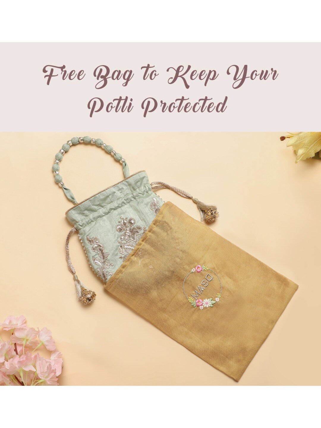 Masq Pink & Gold-Toned Embellished Potli Clutch - Distacart