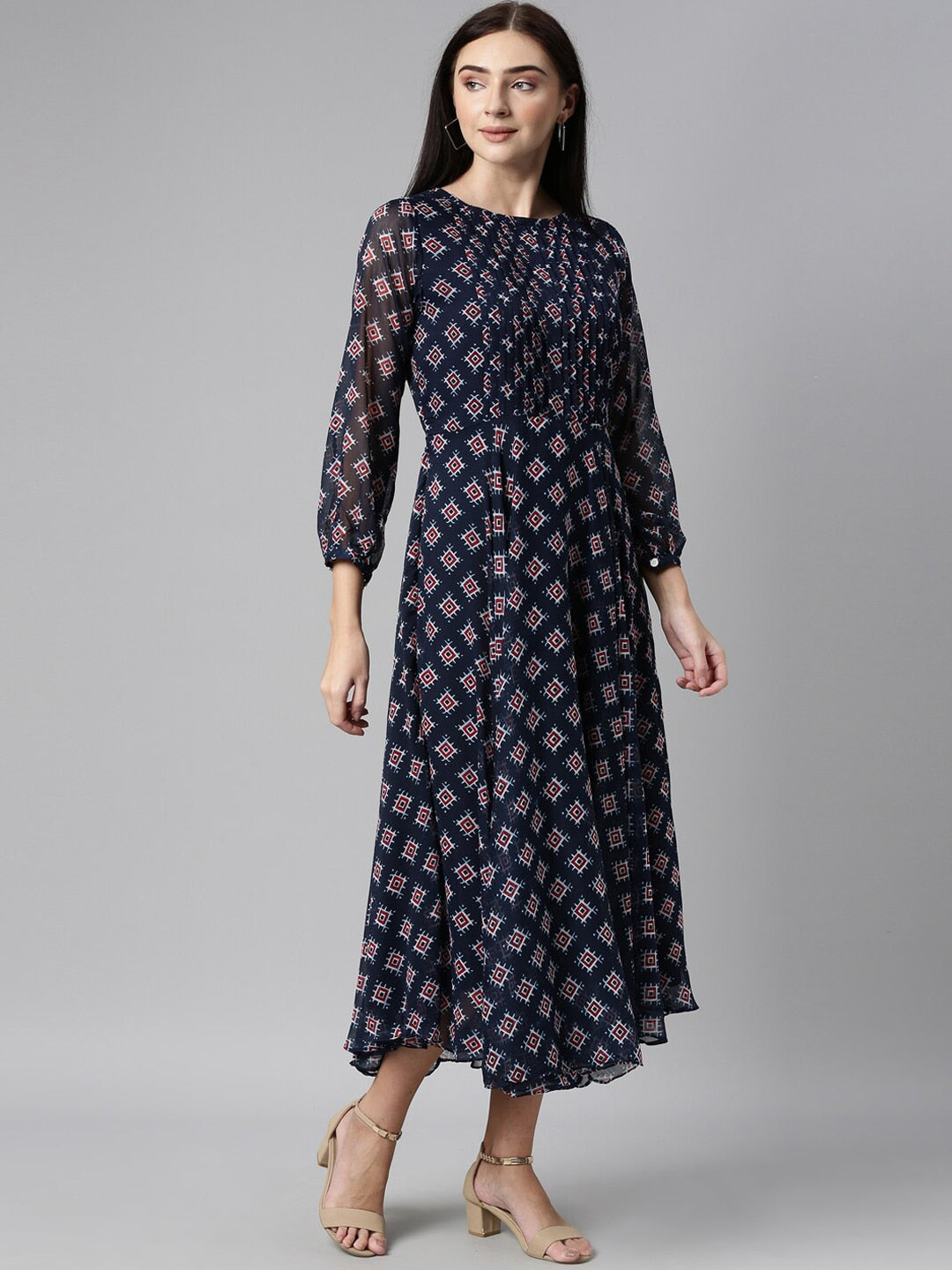 Souchii Blue & Red Ethnic Motifs Printed Chiffon Fit & Flare Midi Dress - Distacart