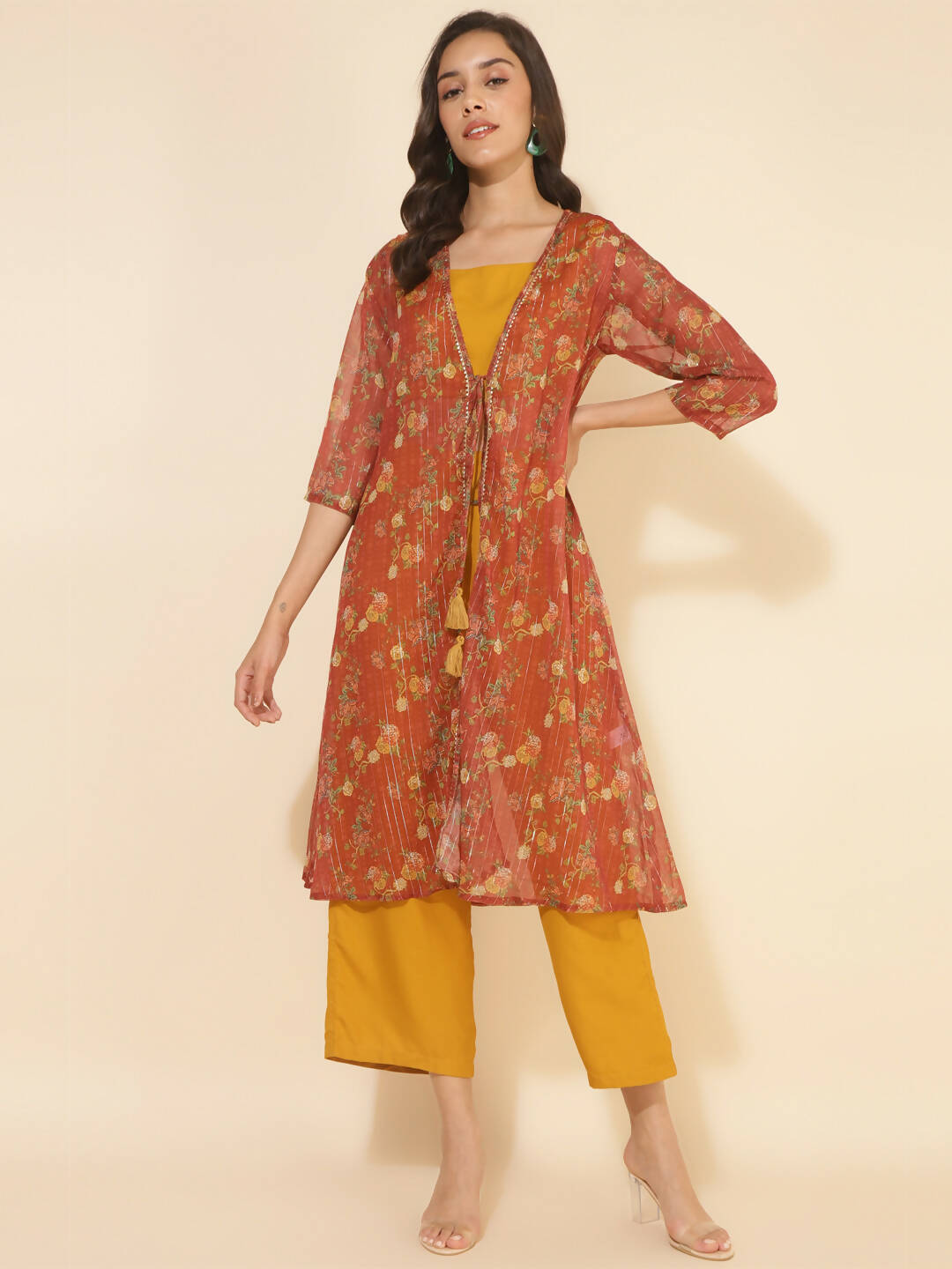 Janasya Women's Mustard Moss Solid Festive Crop Top Set - Distacart