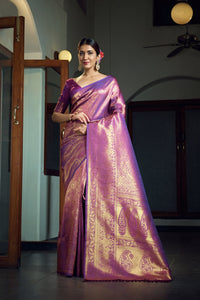 Thumbnail for Vardha Electric Purple Zari Work Kanjeevaram Silk Saree