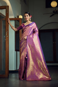Thumbnail for Vardha Electric Purple Zari Work Kanjeevaram Silk Saree