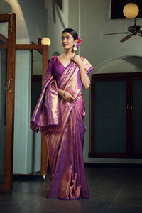 Thumbnail for Vardha Electric Purple Zari Work Kanjeevaram Silk Saree