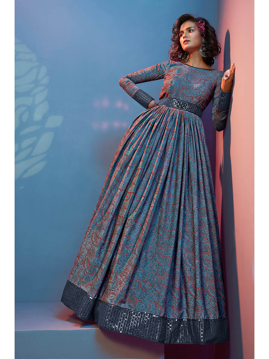 Myra Grey Crepe Printed Embroidered Gown - Distacart