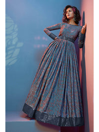 Thumbnail for Myra Grey Crepe Printed Embroidered Gown - Distacart