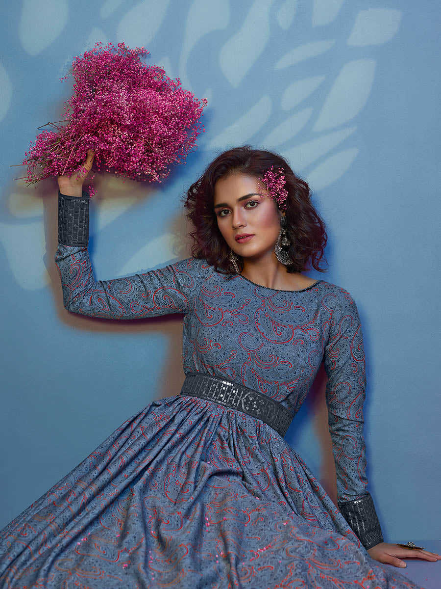 Myra Grey Crepe Printed Embroidered Gown - Distacart