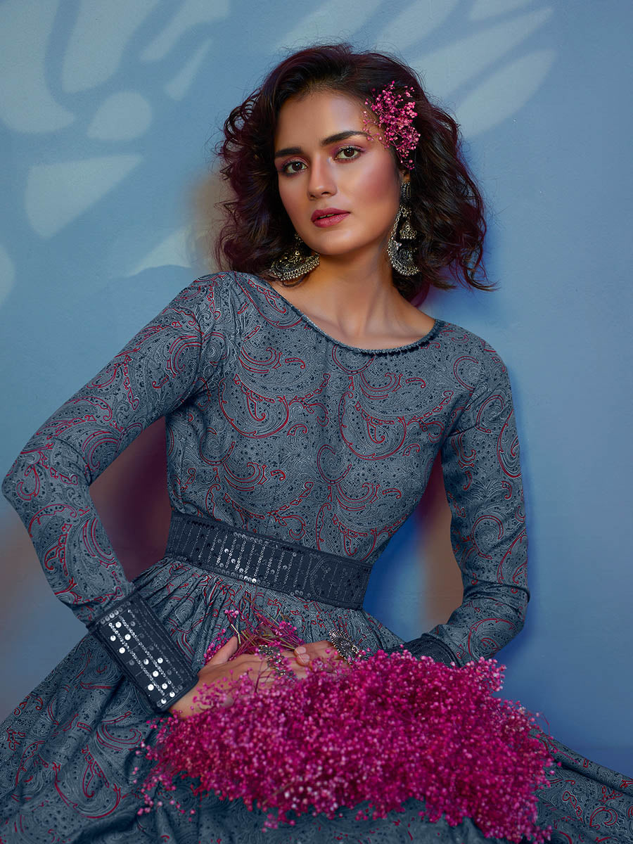 Myra Grey Crepe Printed Embroidered Gown - Distacart