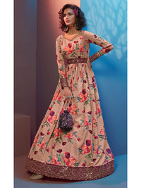 Thumbnail for Myra Peach Natural Crepe Printed Embroidered Gown - Distacart