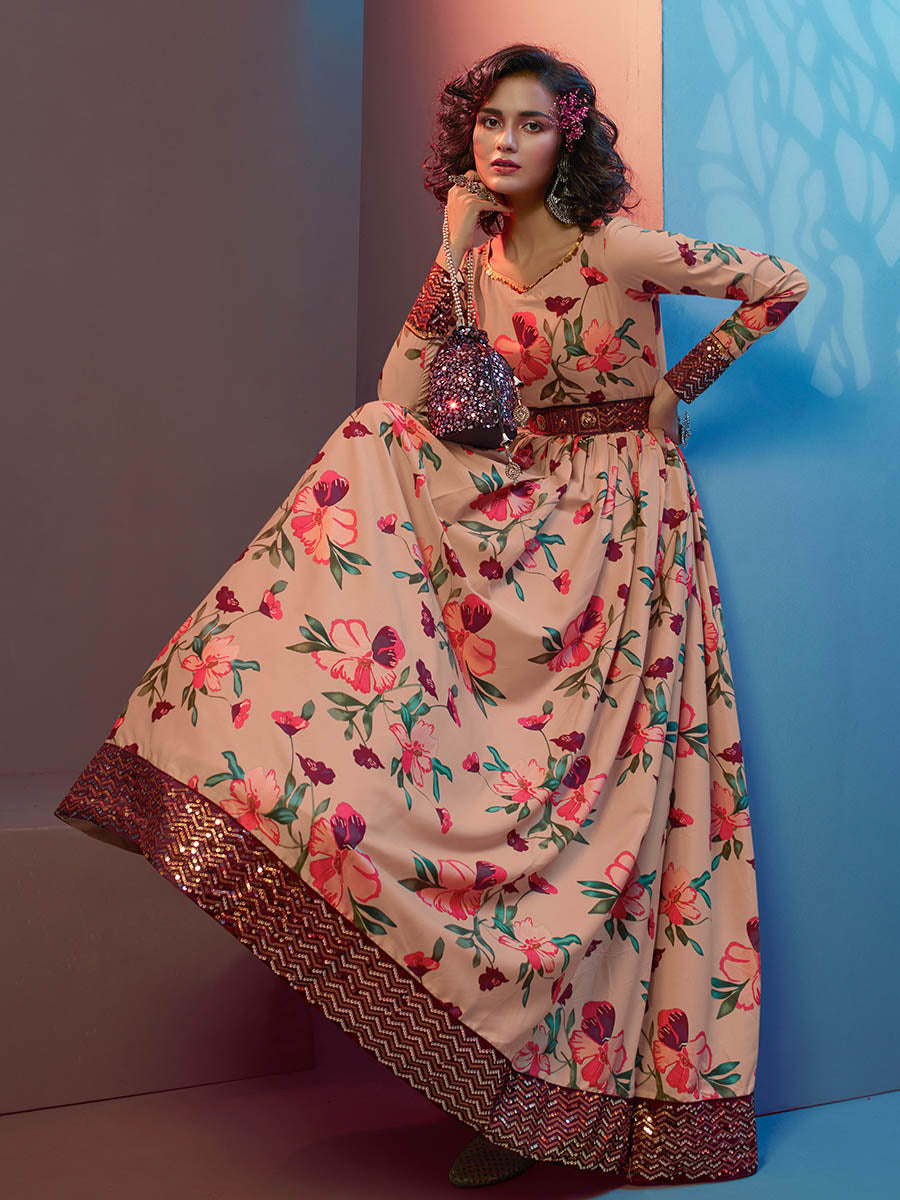 Myra Peach Natural Crepe Printed Embroidered Gown - Distacart