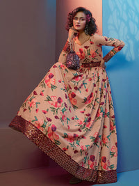 Thumbnail for Myra Peach Natural Crepe Printed Embroidered Gown - Distacart