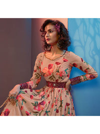 Thumbnail for Myra Peach Natural Crepe Printed Embroidered Gown - Distacart