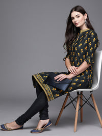 Thumbnail for Biba Women Black & Mustard Yellow Pure Cotton Printed Kurta with Churidar - Distacart