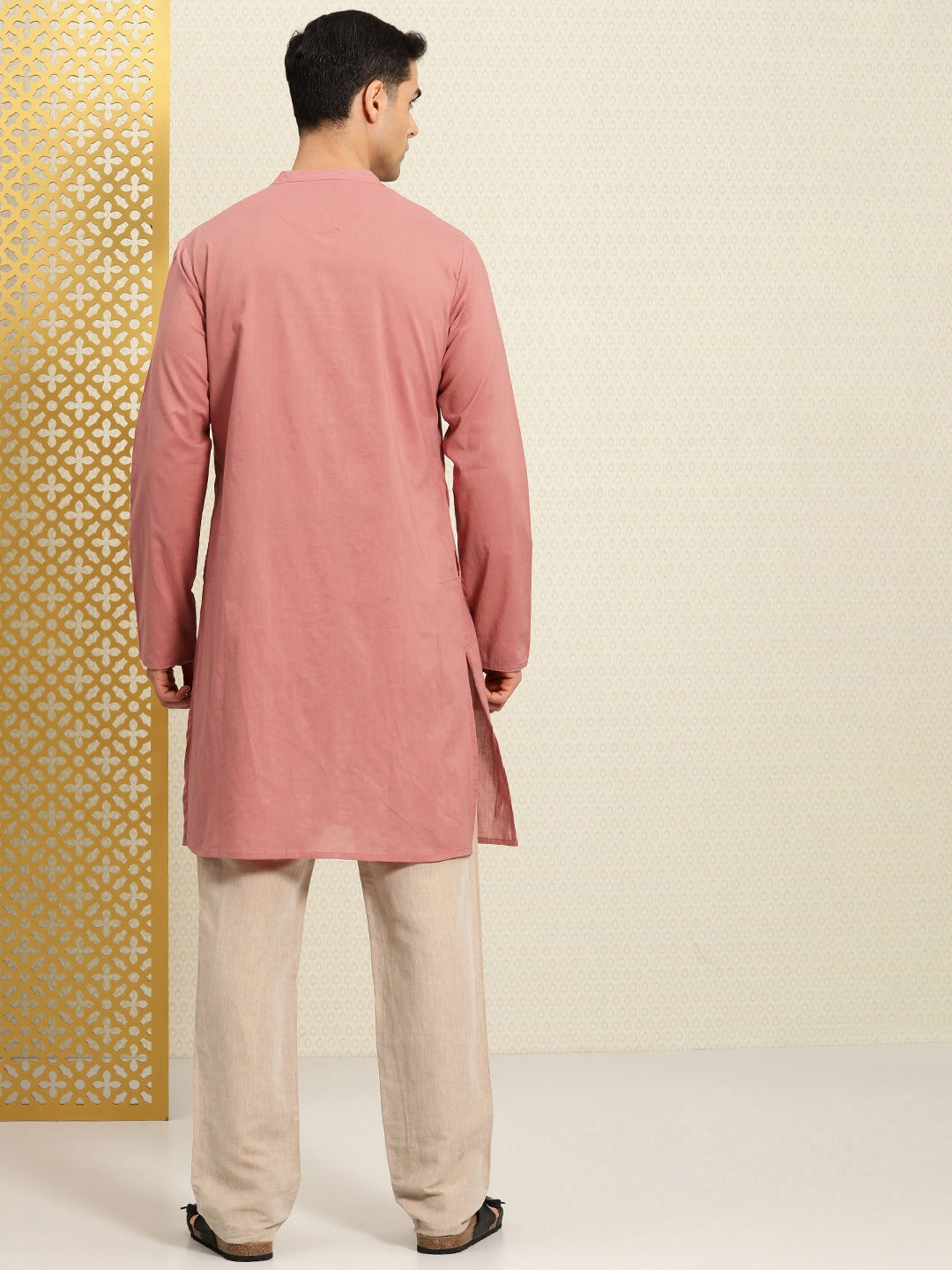 House of Pataudi Rozana Band Collar Pure Cotton Kurta - Distacart