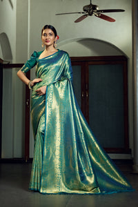 Thumbnail for Vardha Teal Green Golden Zari Paisleys With Jaal Kanjeevaram Silk Saree