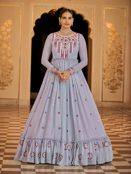 Myra Light Blue Georgette Embroidered Gown - Distacart