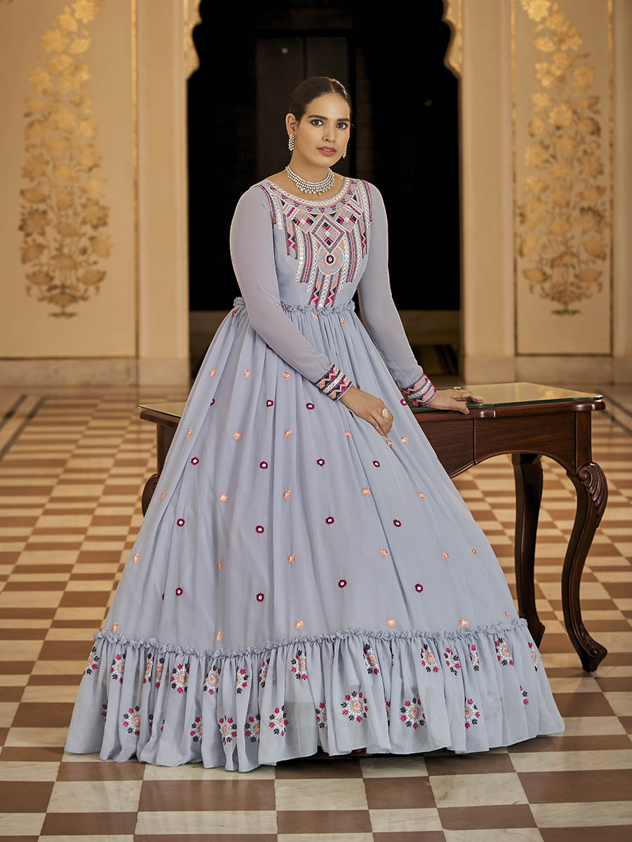 Myra Light Blue Georgette Embroidered Gown - Distacart