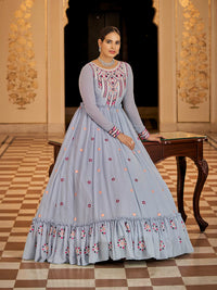Thumbnail for Myra Light Blue Georgette Embroidered Gown - Distacart