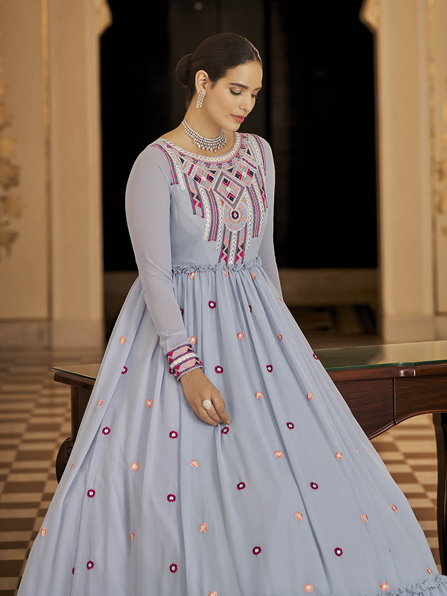 Myra Light Blue Georgette Embroidered Gown - Distacart