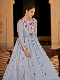 Thumbnail for Myra Light Blue Georgette Embroidered Gown - Distacart