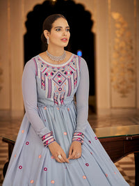 Thumbnail for Myra Light Blue Georgette Embroidered Gown - Distacart