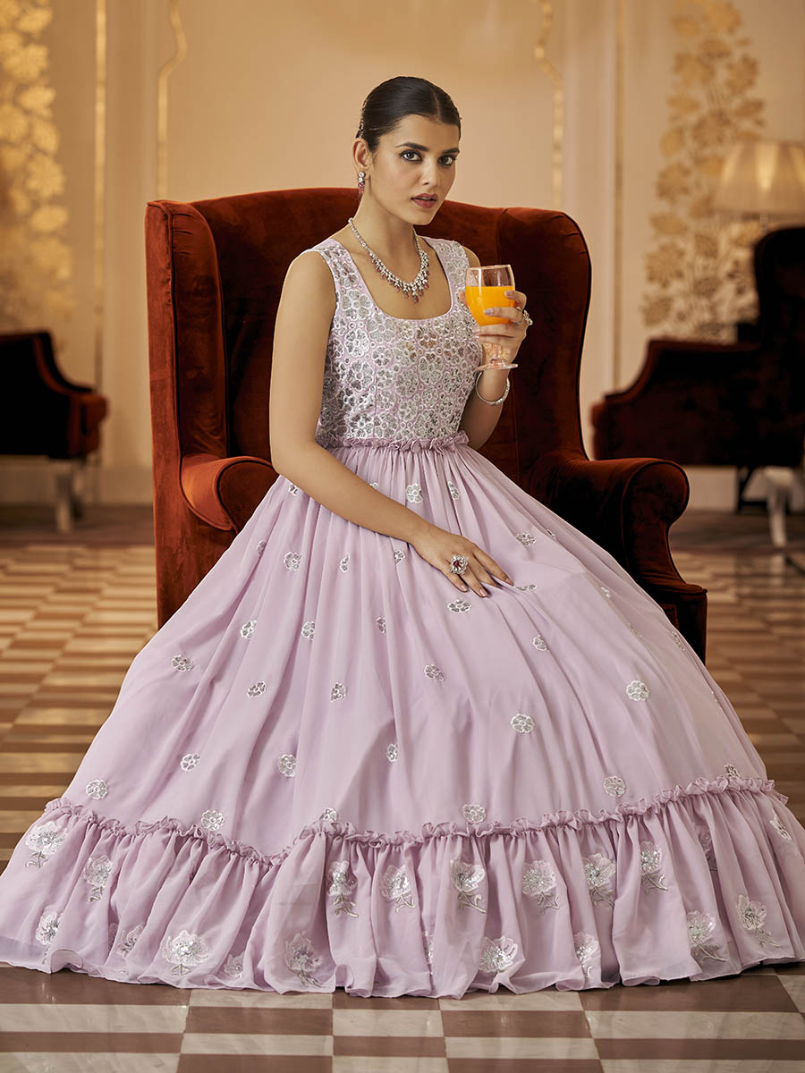 Myra Dusty Pink Georgette Embroidered Gown - Distacart