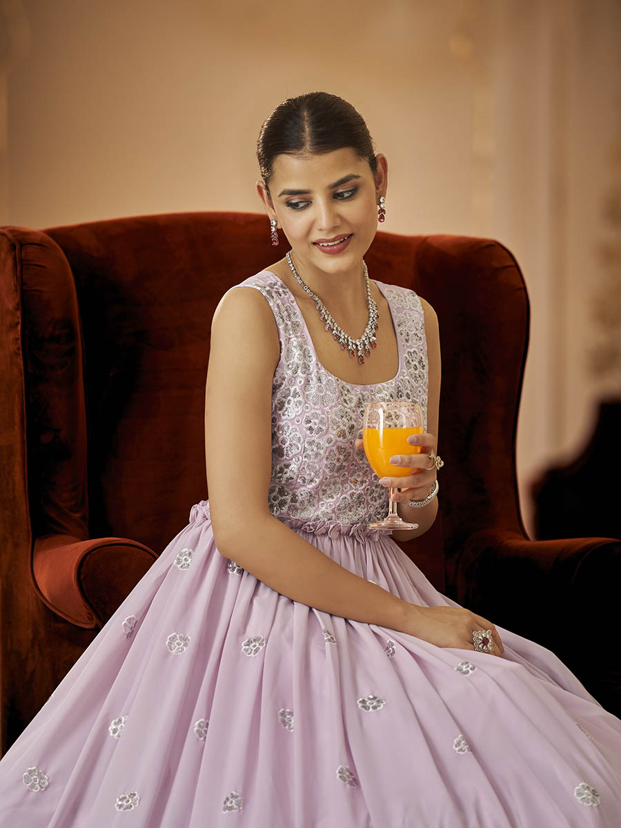 Myra Dusty Pink Georgette Embroidered Gown - Distacart
