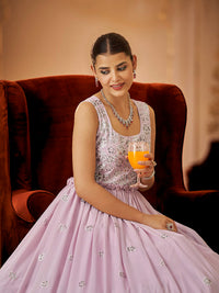 Thumbnail for Myra Dusty Pink Georgette Embroidered Gown - Distacart