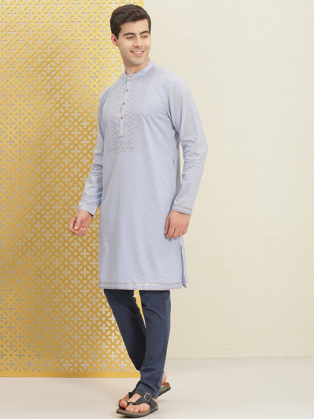House of Pataudi Jashn Pure Cotton Yoke Design Sequinned Kurta - Distacart